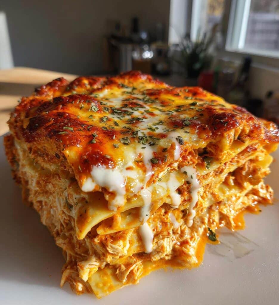cheesy buffalo chicken lasagna with ranch drizzle