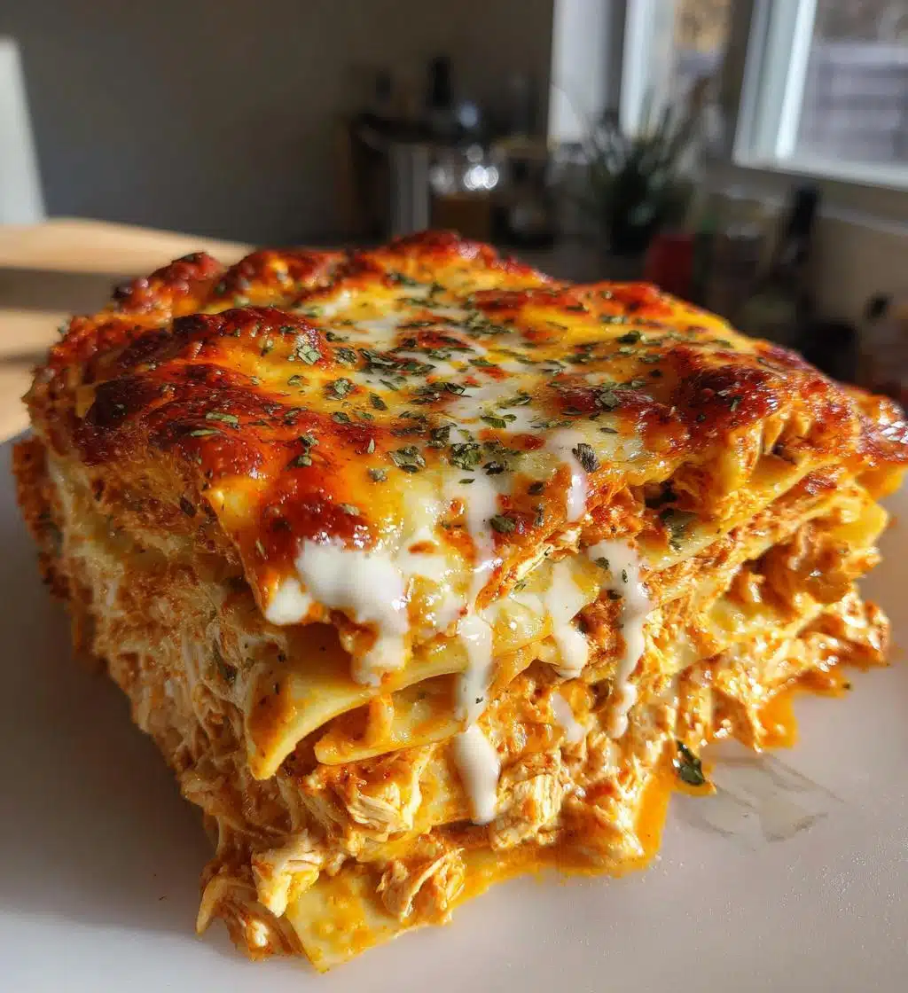 cheesy buffalo chicken lasagna with ranch drizzle