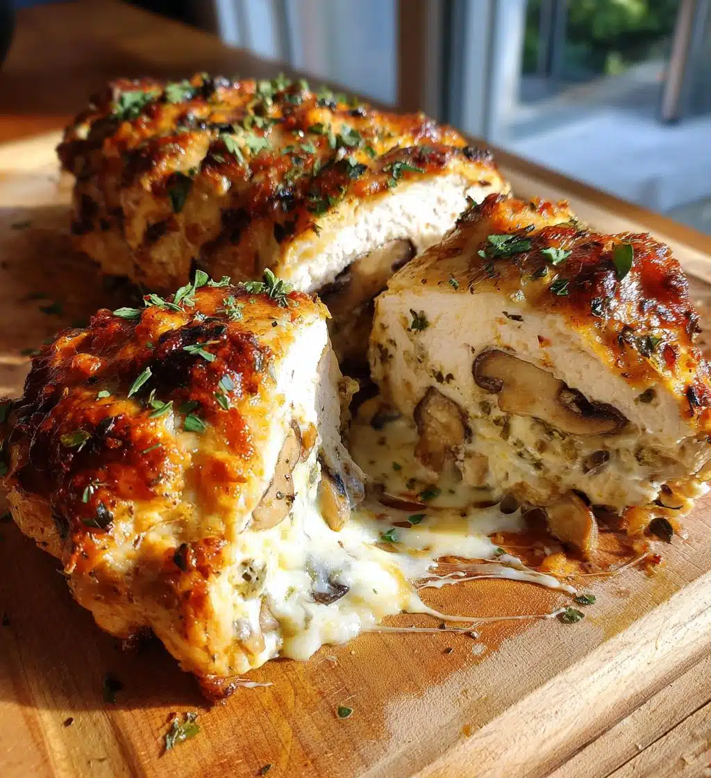 cheesy garlic butter mushroom stuffed chicken - detail 1