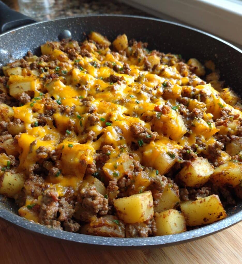 cheesy one pan meat potato skillet