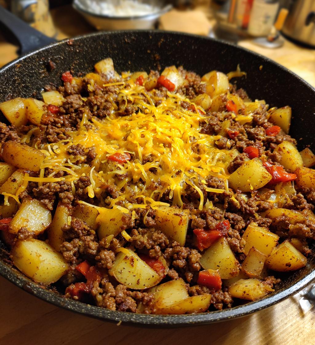 cheesy one pan meat potatoes recipe