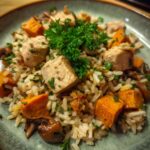 chicken and wild rice with roasted sweet potatoes and mushrooms