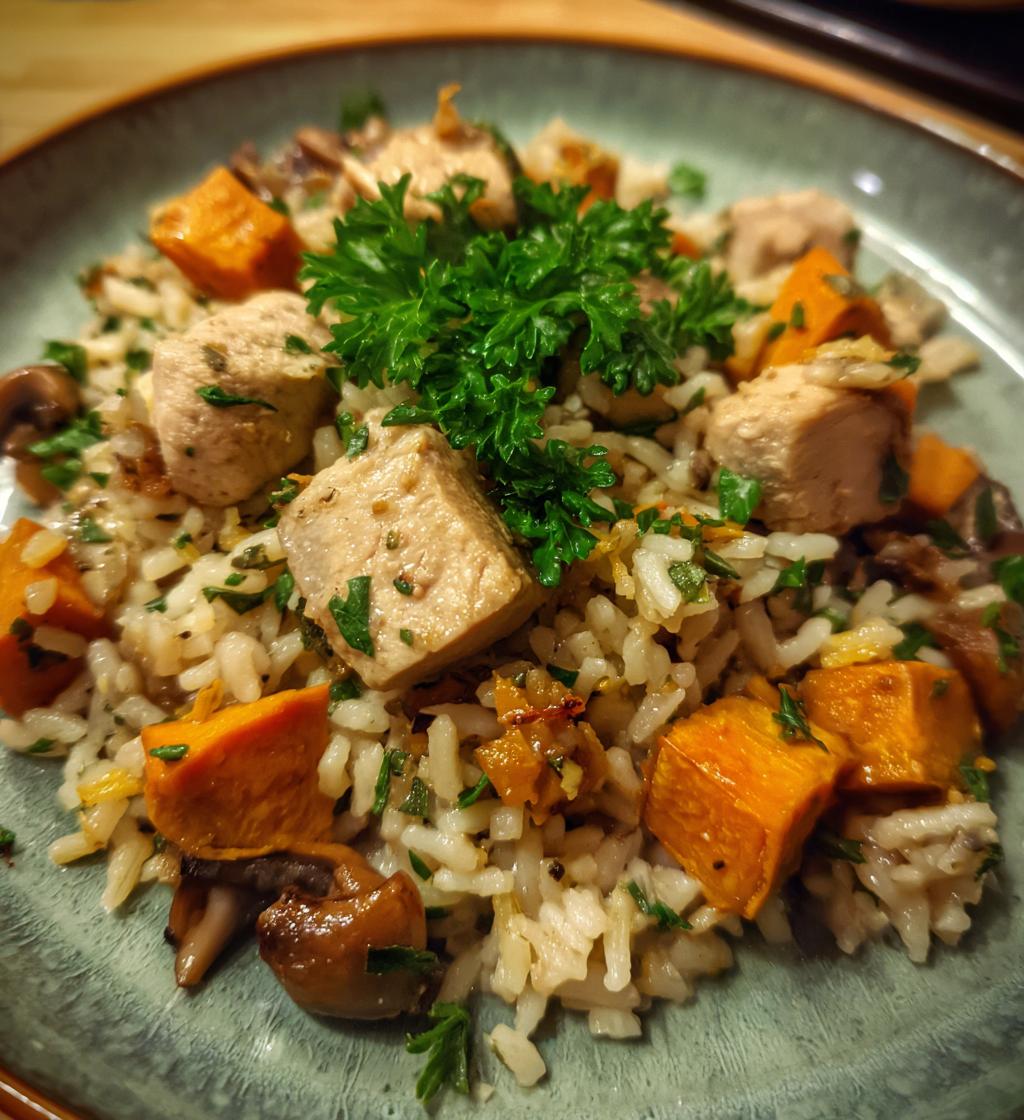 chicken and wild rice with roasted sweet potatoes and mushrooms