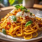 chicken spaghetti with burrata