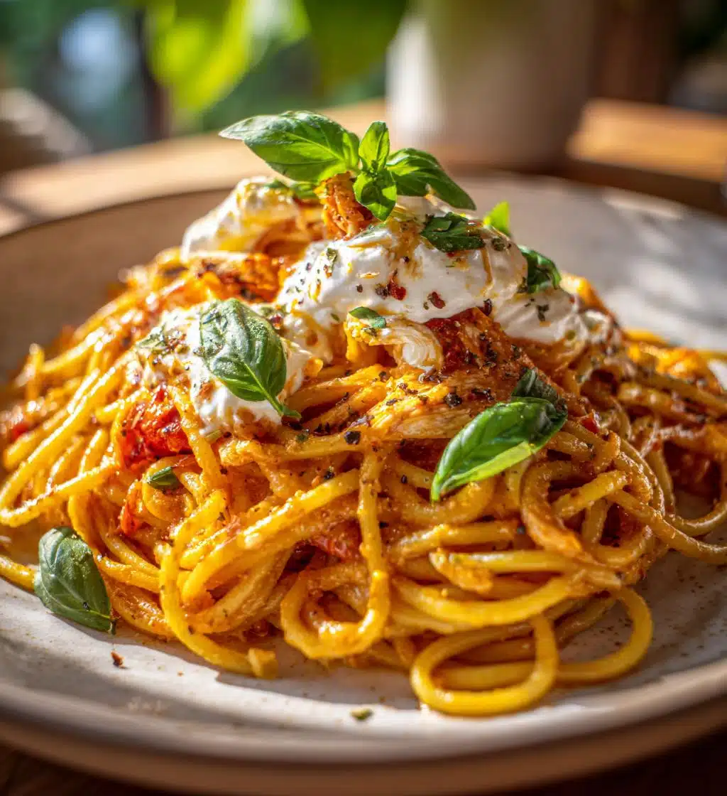 chicken spaghetti with burrata