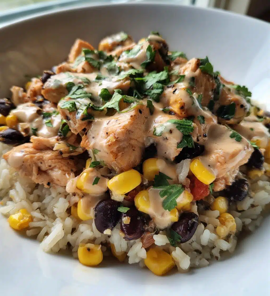 chipotle chicken bowl with black beans corn creamy sauce - detail 1