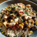 chipotle chicken bowl with black beans corn creamy sauce