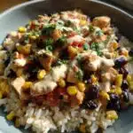 chipotle chicken bowl with black beans corn creamy sauce