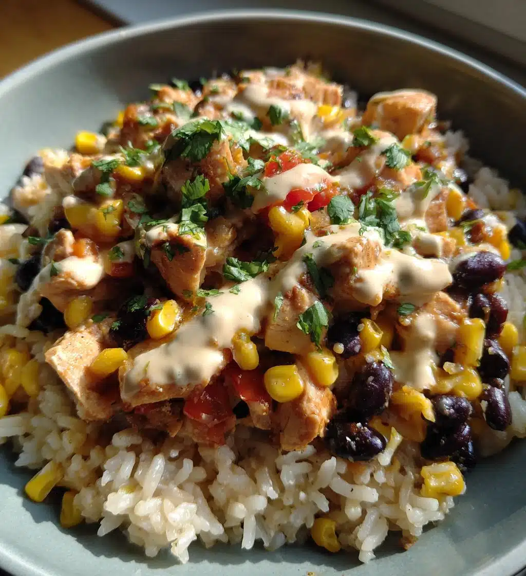 chipotle chicken bowl with black beans corn creamy sauce