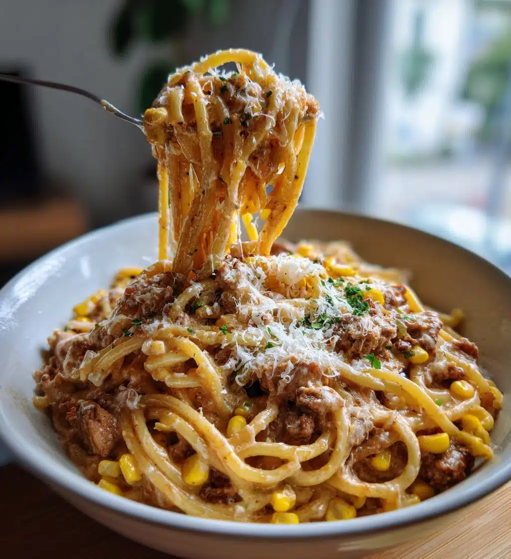 creamy chicken and corn pasta with beef - detail 1