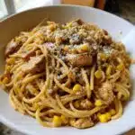 creamy chicken and corn pasta with beef