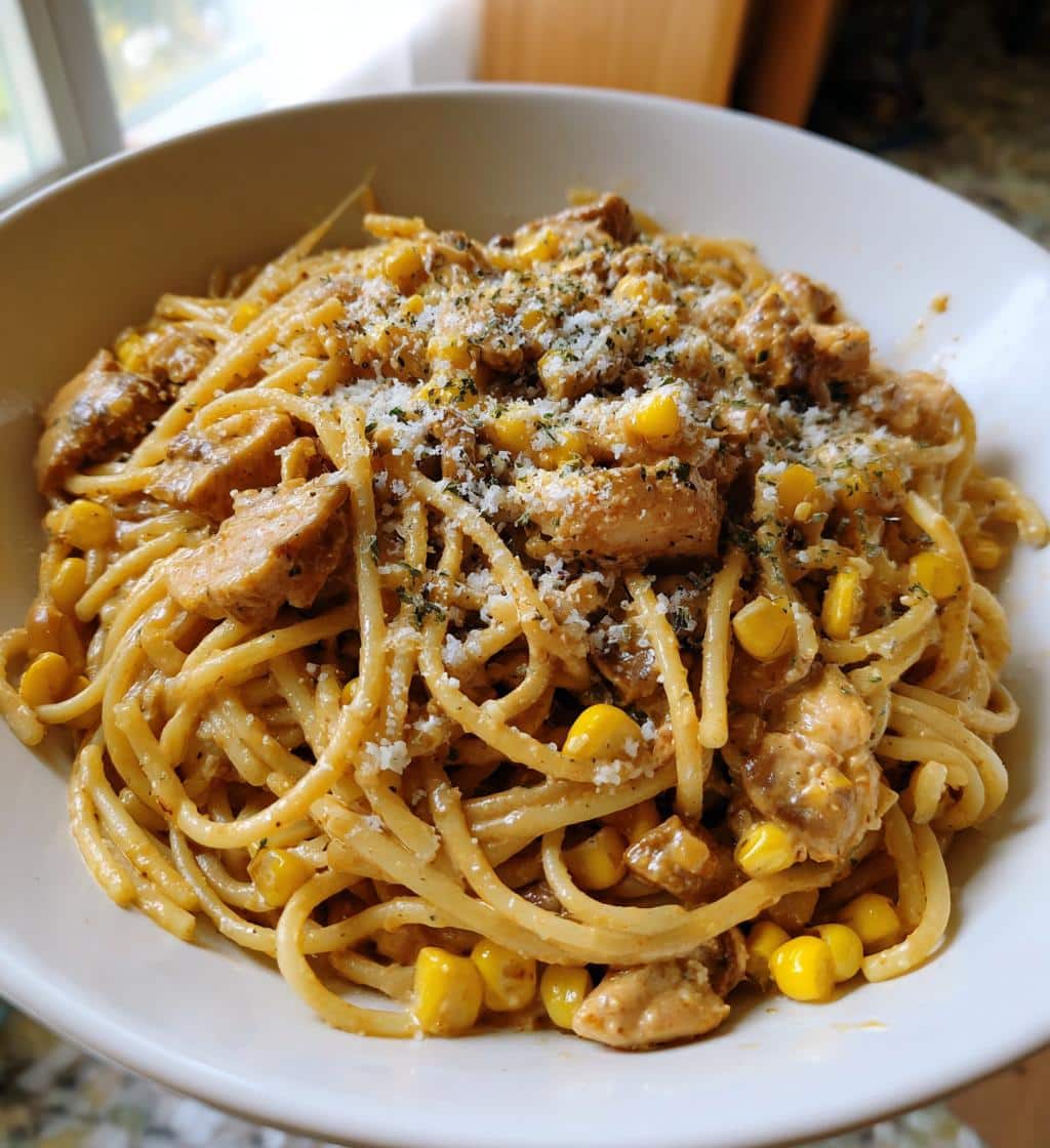 creamy chicken and corn pasta with beef