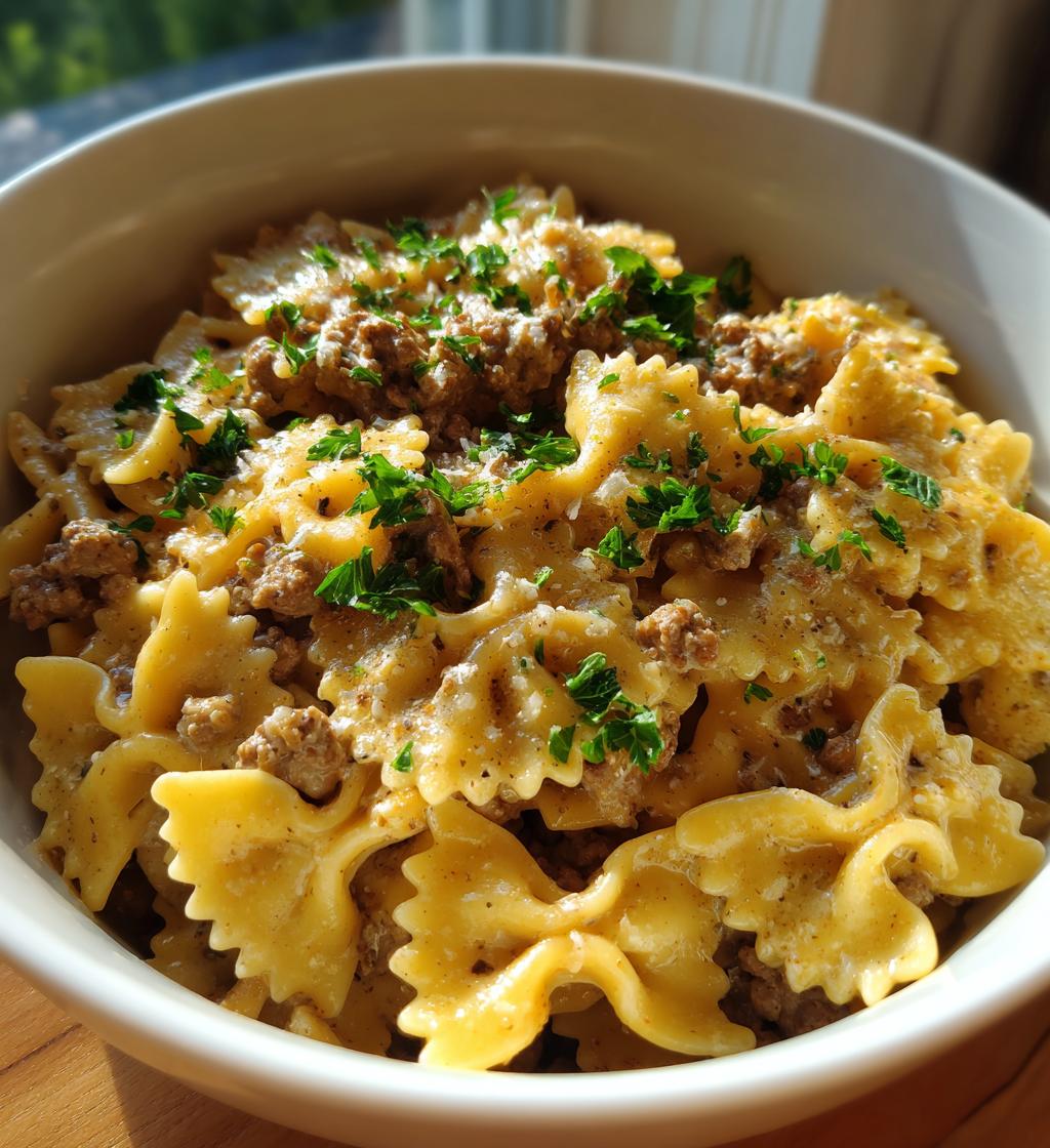 creamy parmesan garlic beef bowtie pasta recipe