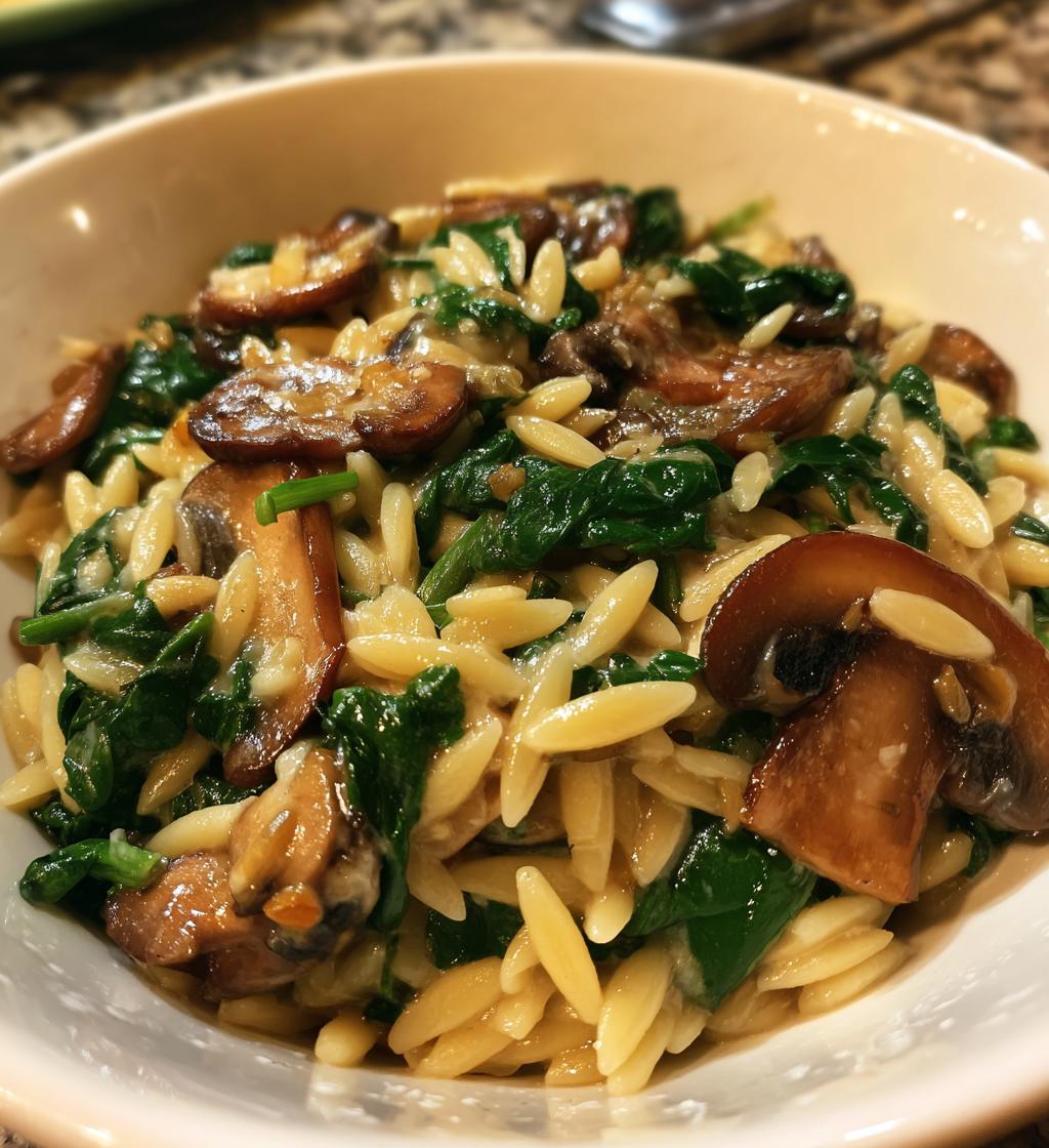 creamy spinach and mushroom orzo - detail 1