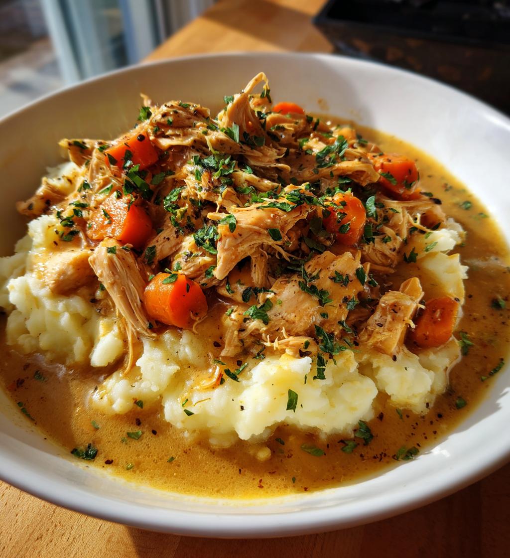 crockpot shredded chicken gravy over mashed potatoes - detail 1