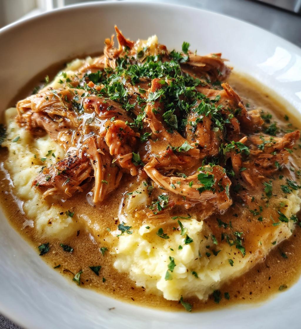 crockpot shredded chicken gravy over mashed potatoes