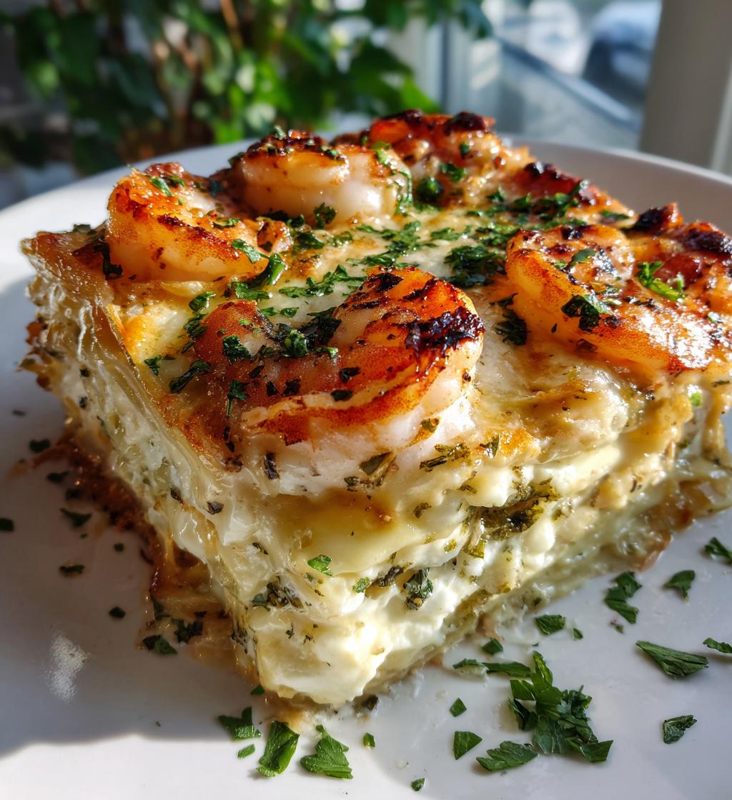 garlic butter shrimp scampi lasagna - detail 1