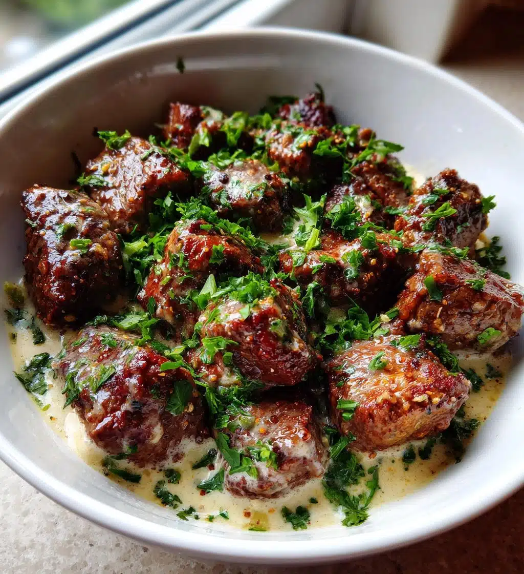 garlic butter steak bites with parmesan cream sauce - detail 1