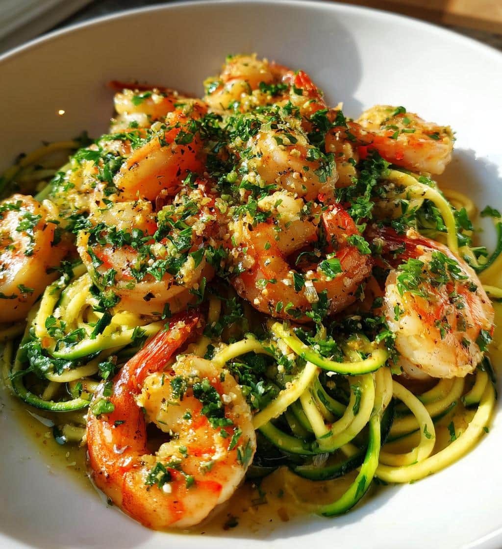 garlic shrimp bowl with zucchini noodles lemon butter sauce - detail 1