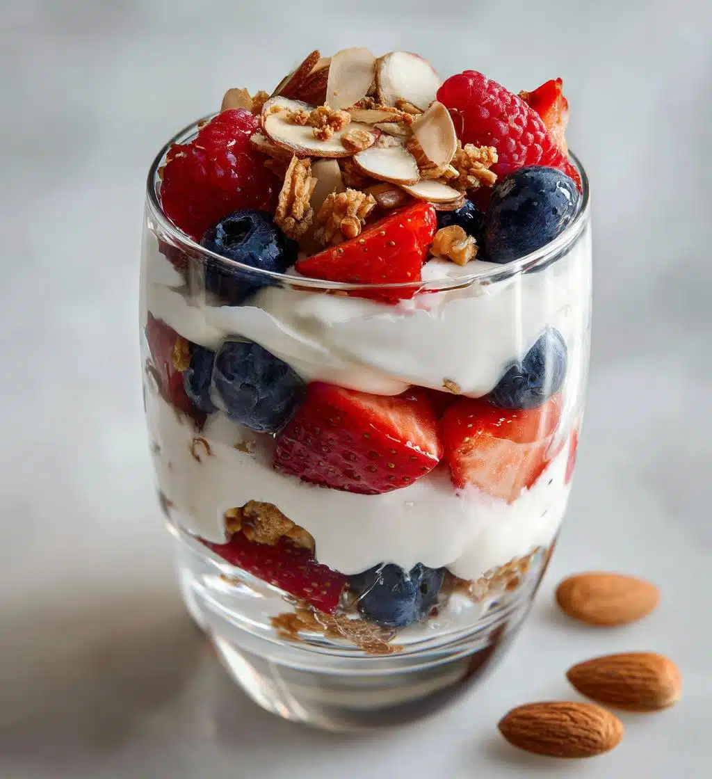 greek yogurt parfait with berries and almonds - detail 1