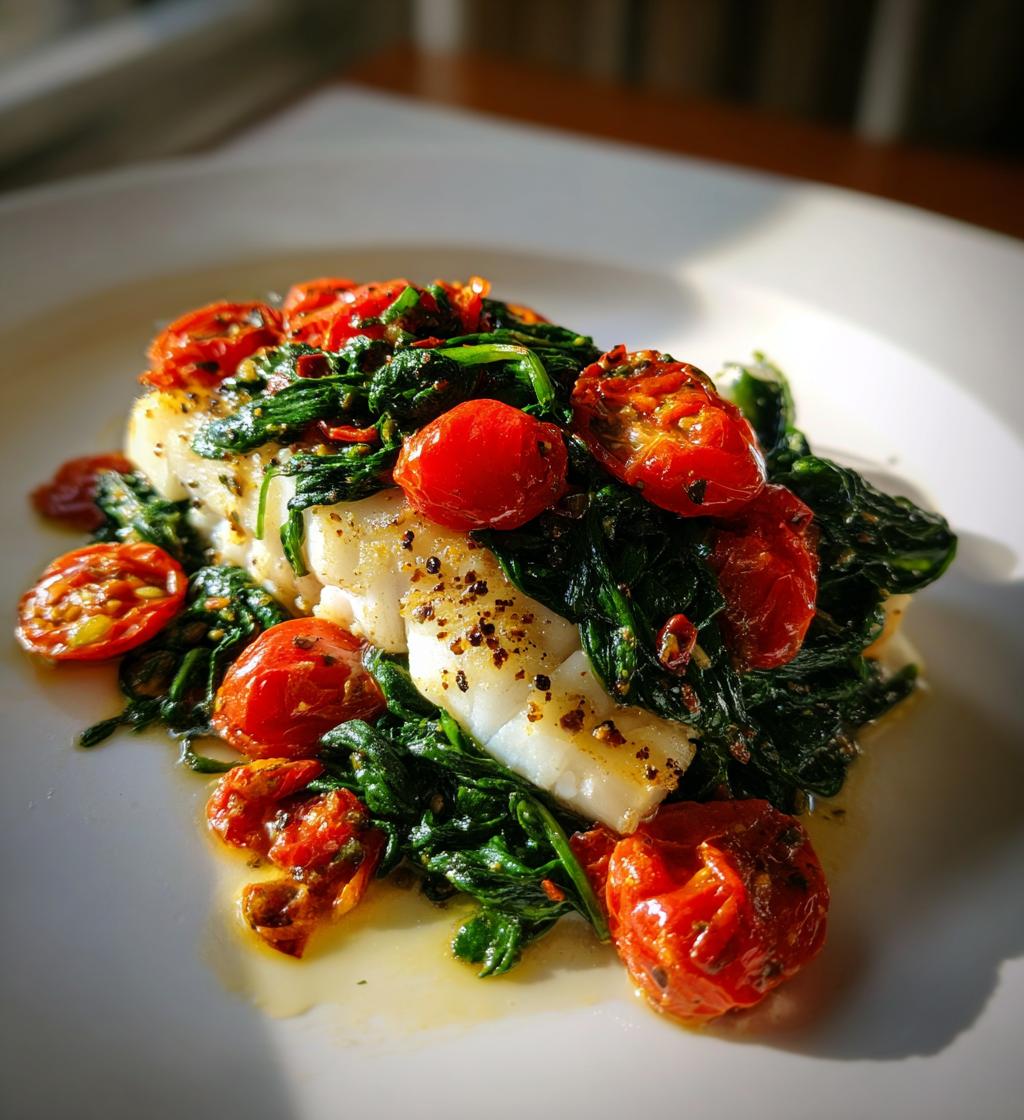 grilled cod with spinach and tomatoes