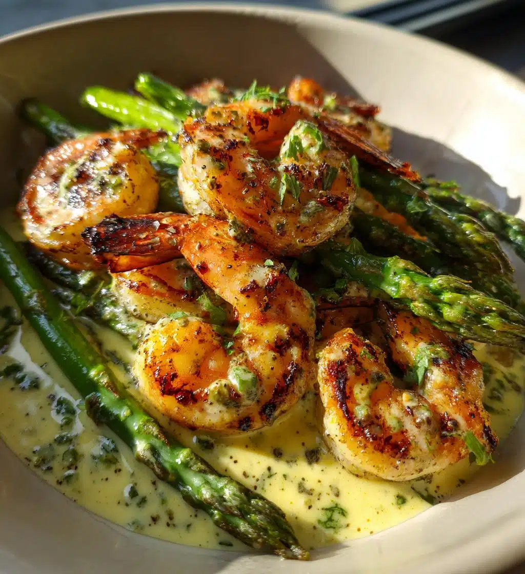 grilled shrimp bowl with asparagus creamy garlic sauce - detail 1