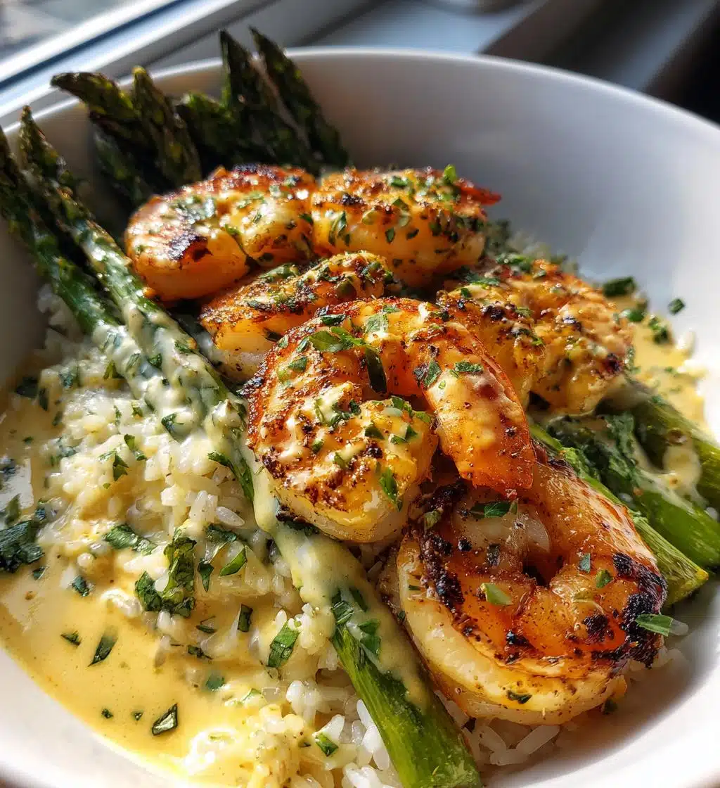 grilled shrimp bowl with asparagus creamy garlic sauce