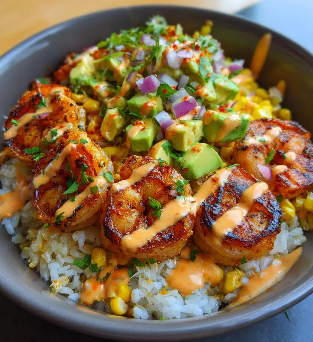 grilled shrimp bowl with avocado corn salsa creamy sauce - detail 1