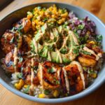 grilled shrimp bowl with avocado corn salsa creamy sauce