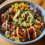 grilled shrimp bowl with avocado corn salsa creamy sauce