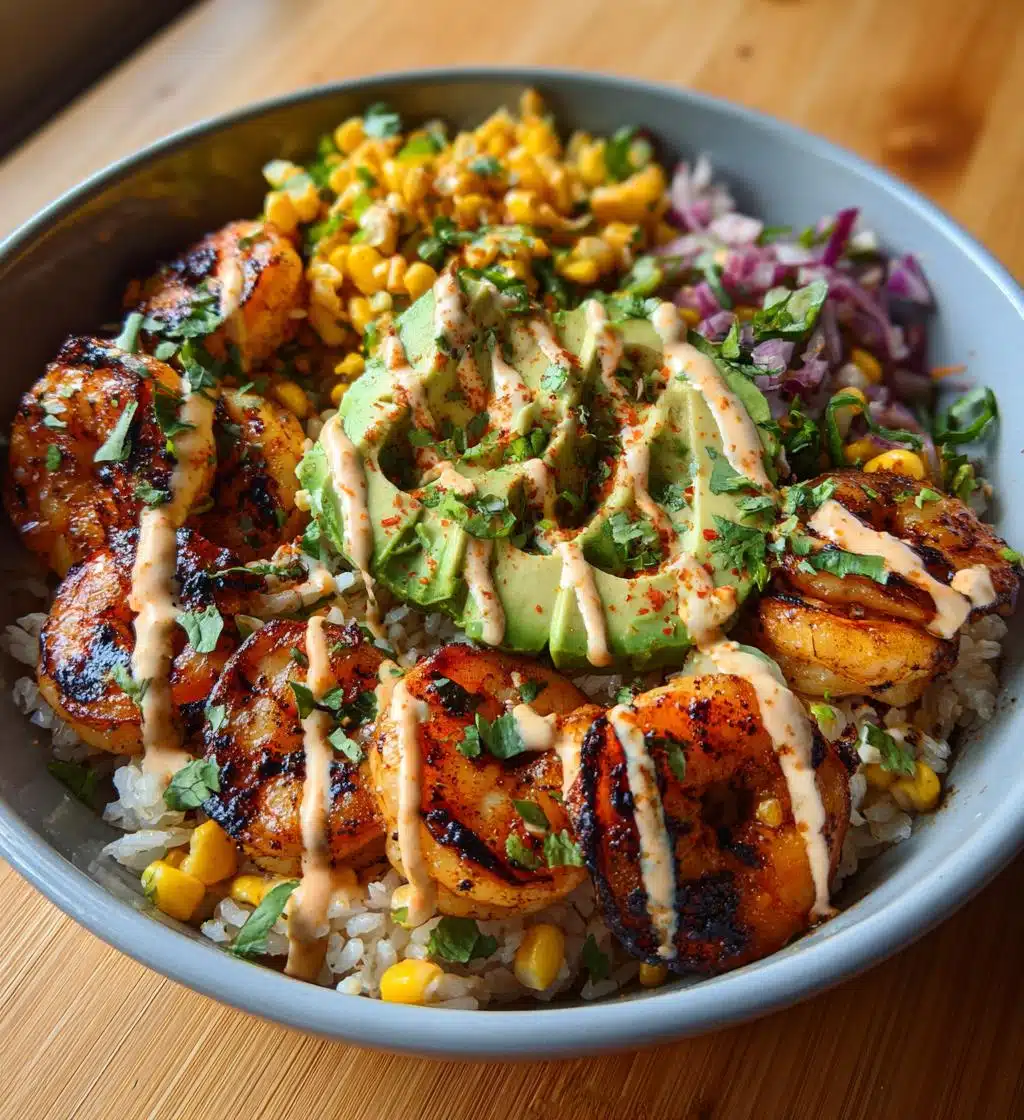 grilled shrimp bowl with avocado corn salsa creamy sauce