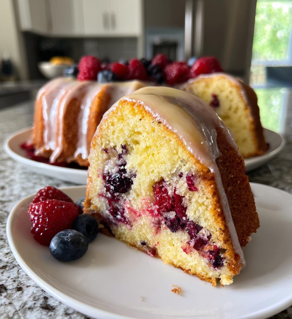 mixed berry bundt cake with lemon glaze - detail 1