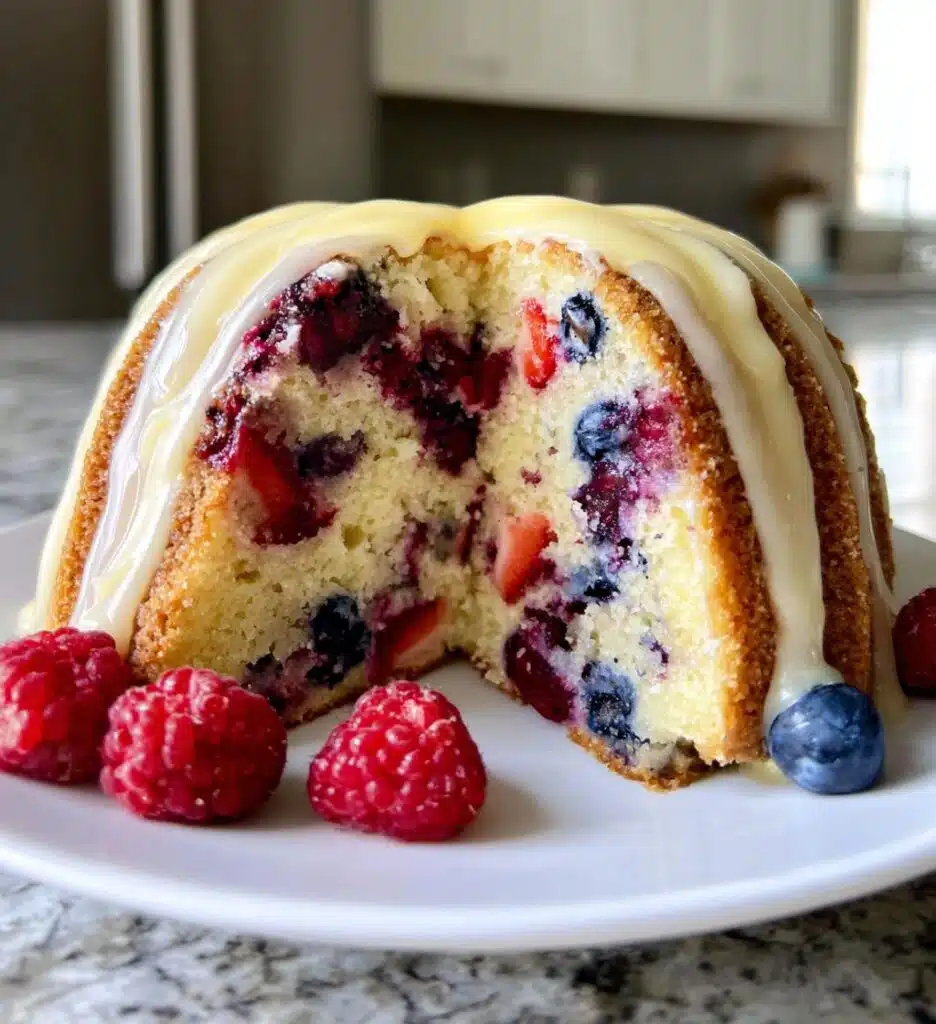 mixed berry bundt cake with lemon glaze