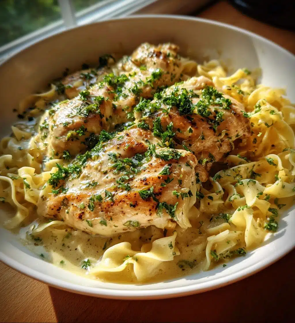 one pan creamy garlic butter chicken with egg noodles