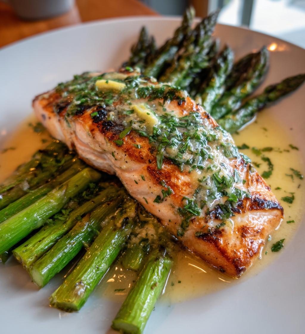 one pan salmon and asparagus with lemon garlic herb butter - detail 1