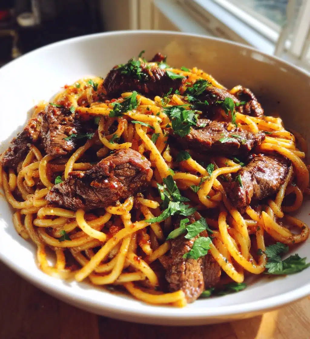 one pan spicy honey garlic steak pasta - detail 1