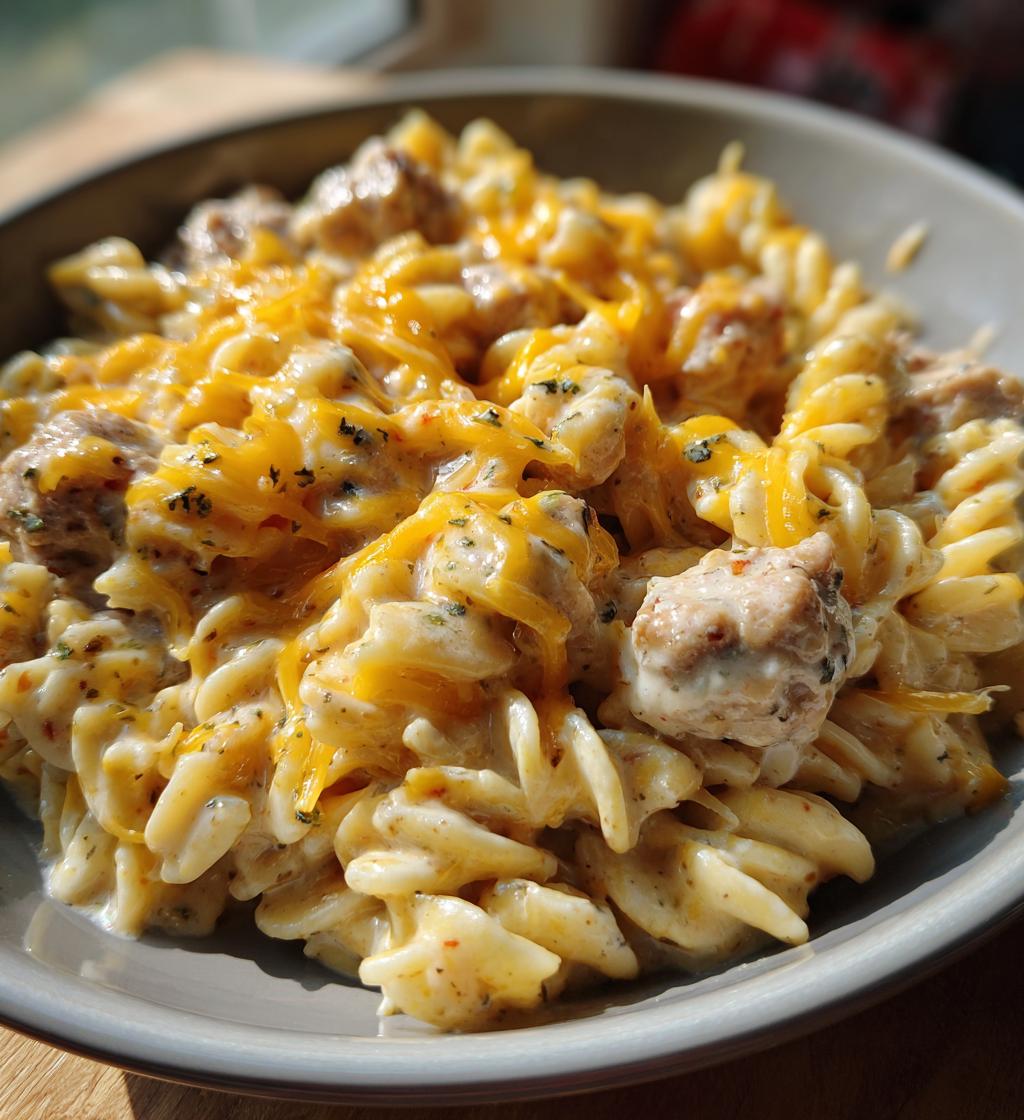 one pot cheddar ranch chicken and sausage rotini - detail 1