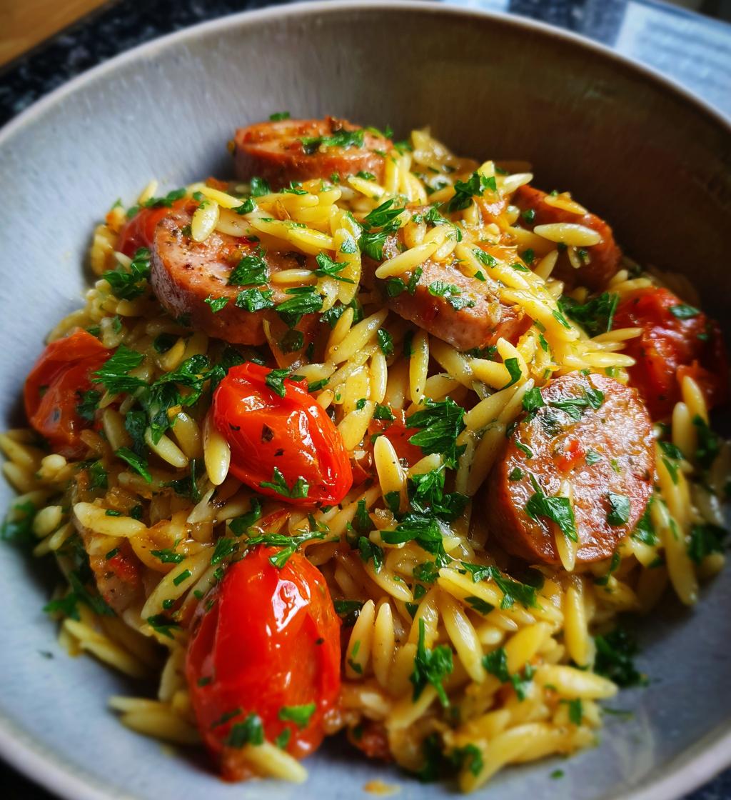 one pot garlic butter sausage and orzo - detail 1