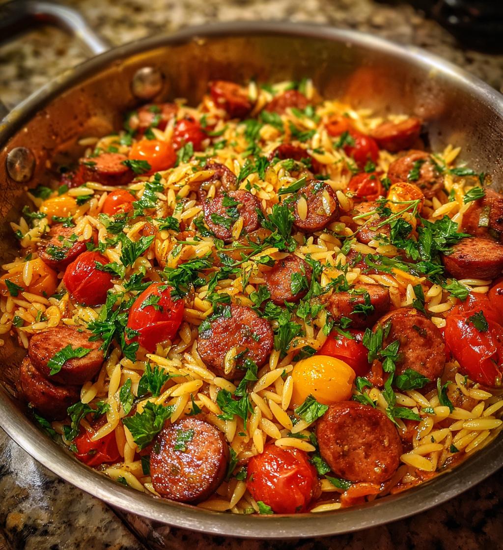 one pot garlic butter sausage and orzo