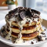 oreo pancakes with cream cheese drizzle
