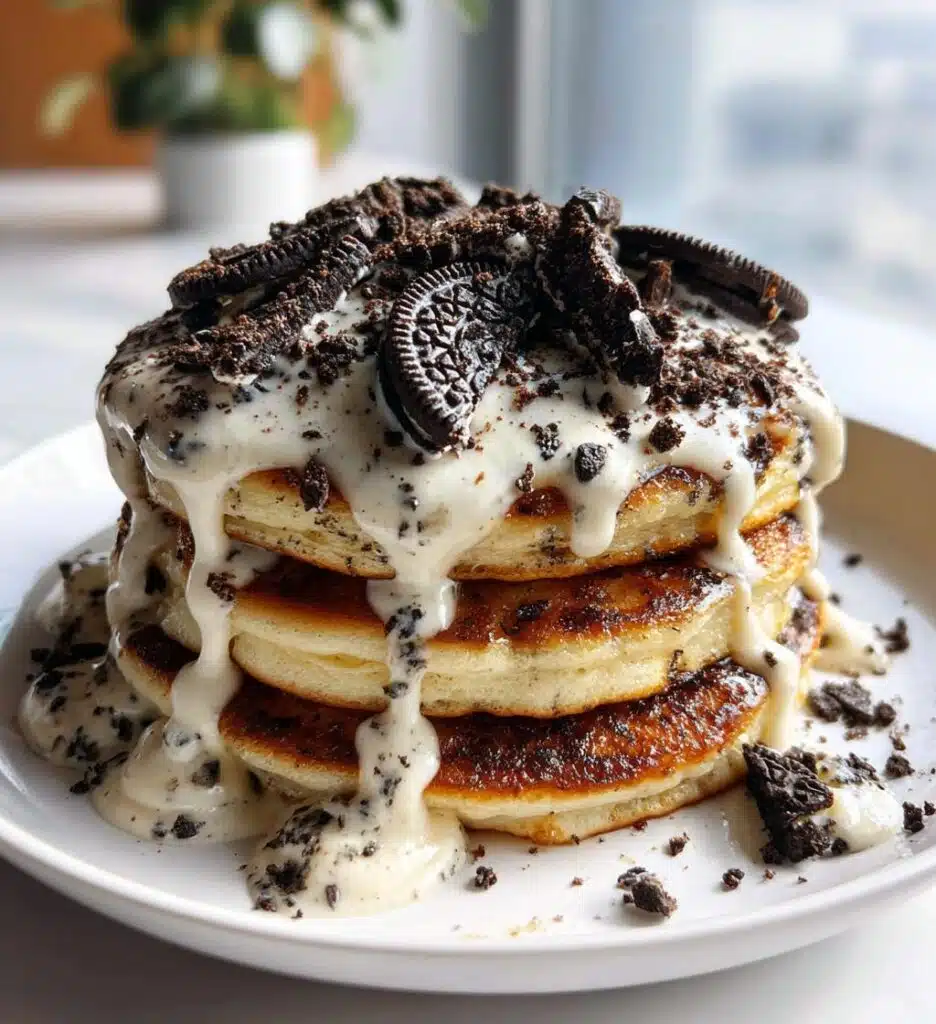 oreo pancakes with cream cheese drizzle