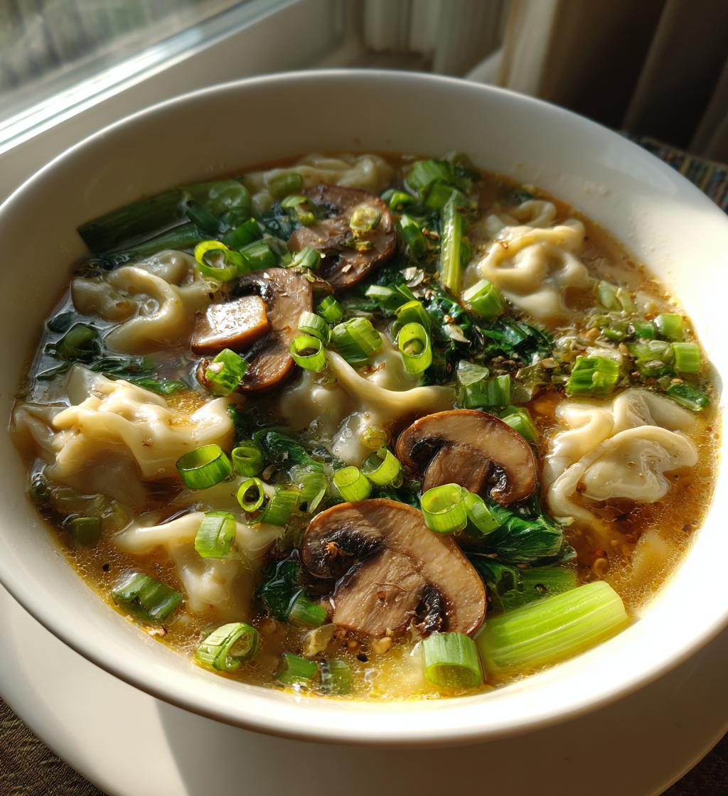 potsticker soup with mushrooms bok choy - detail 1