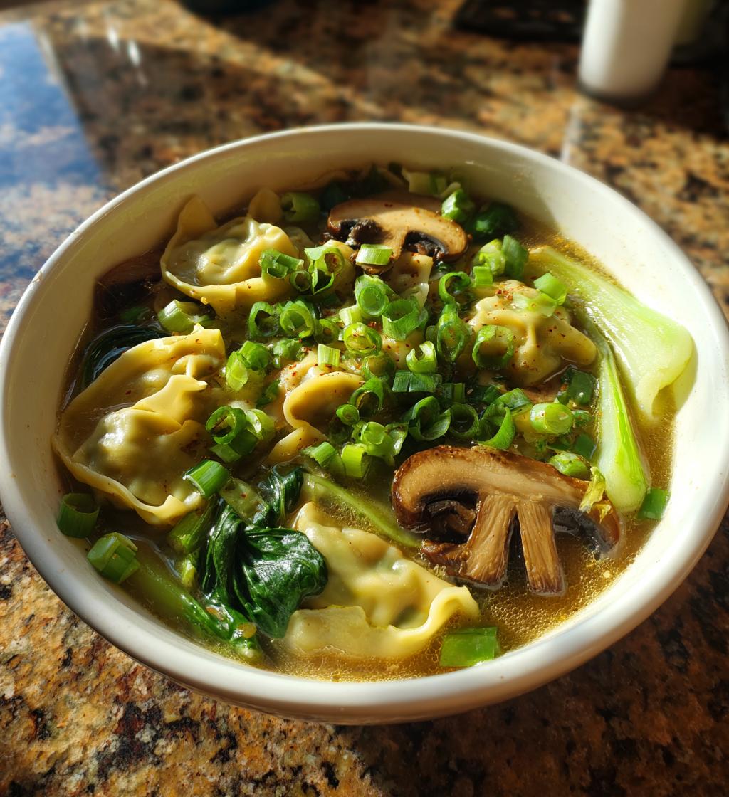 potsticker soup with mushrooms bok choy