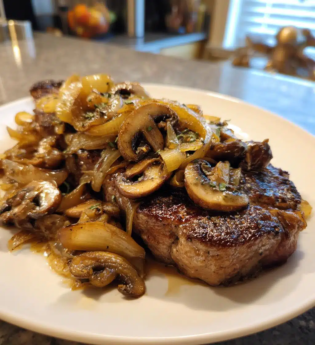 ribeye steak with french onions mushrooms - detail 1