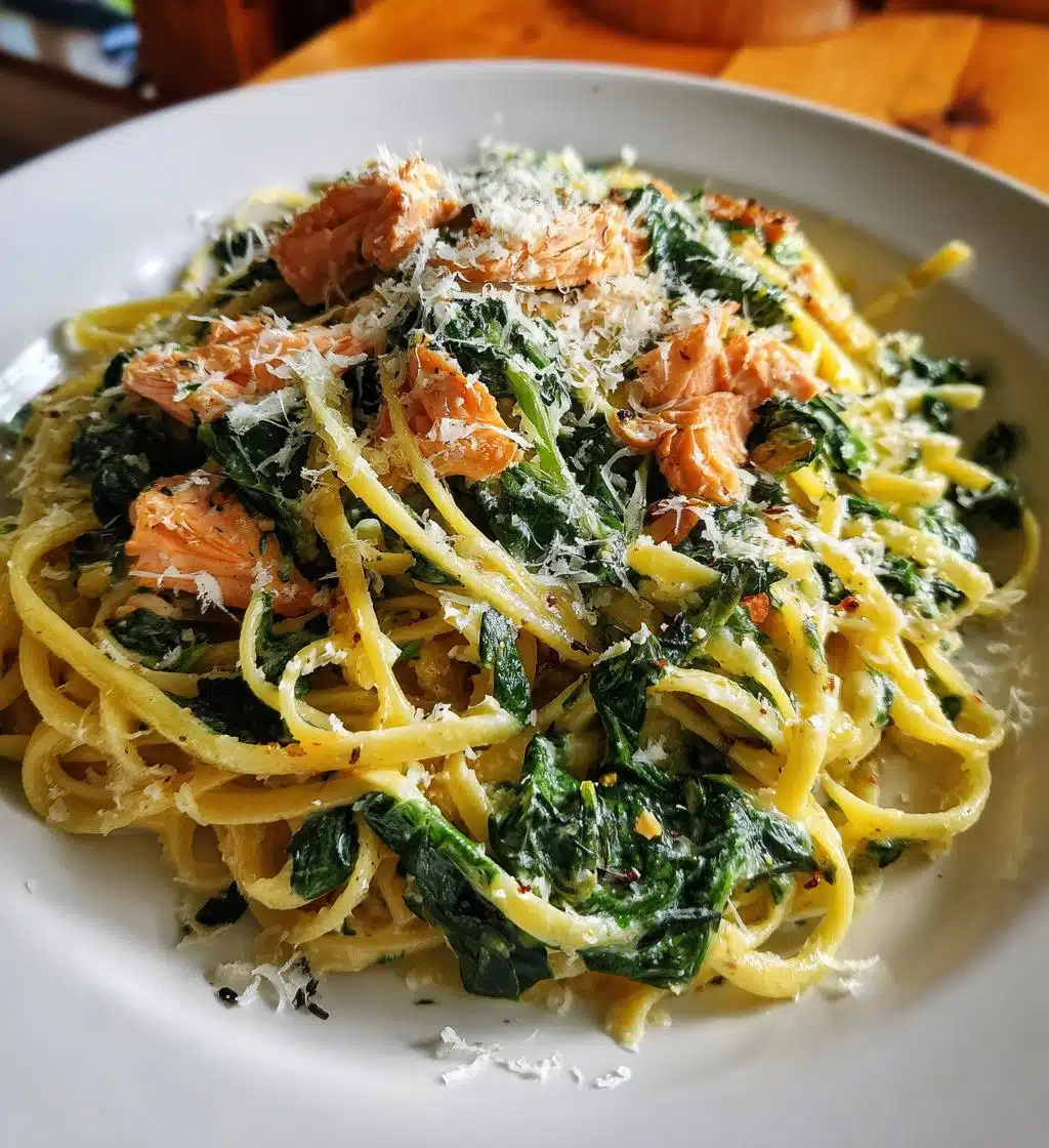 salmon spinach pasta dish delicious dinner recipe - detail 1