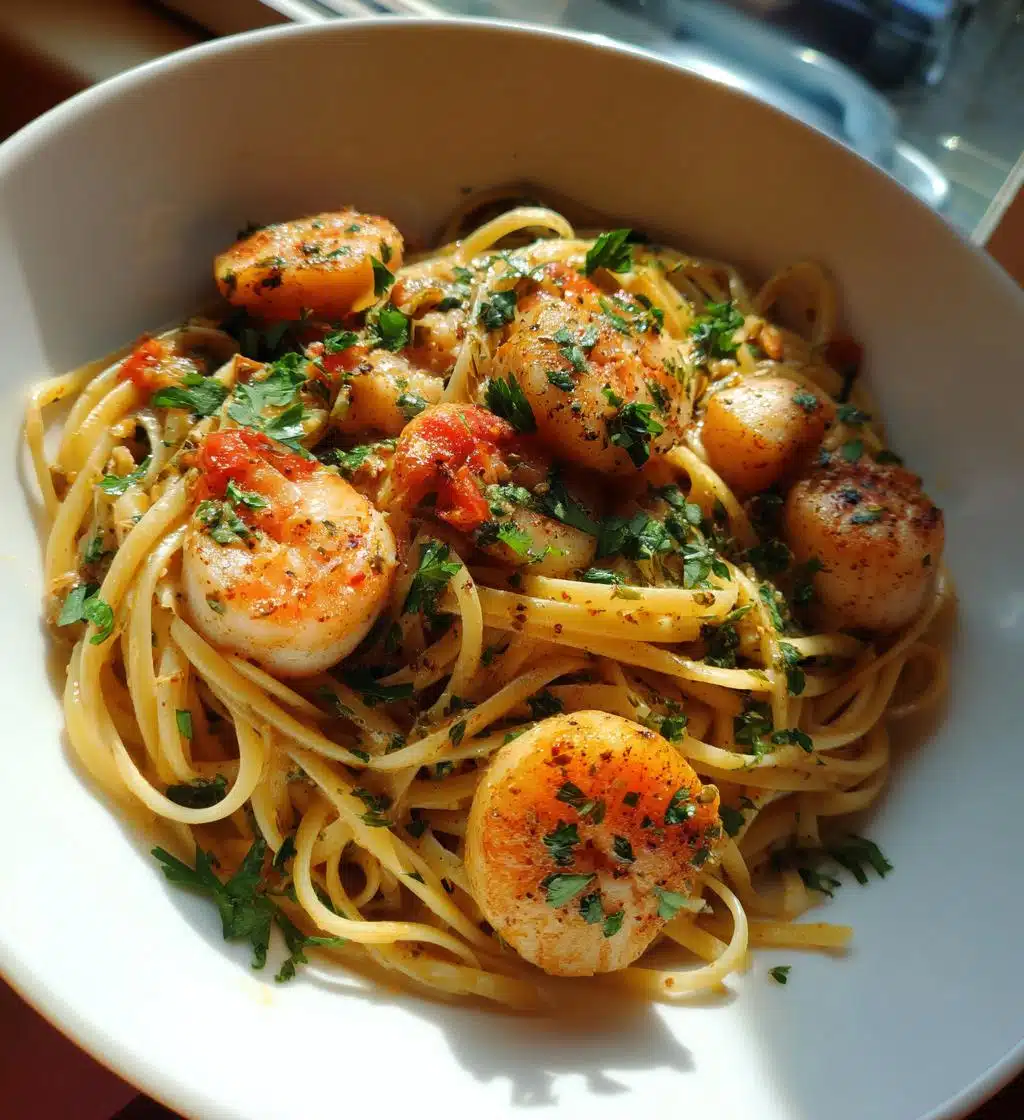 seafood pasta with shrimp and scallops - detail 1