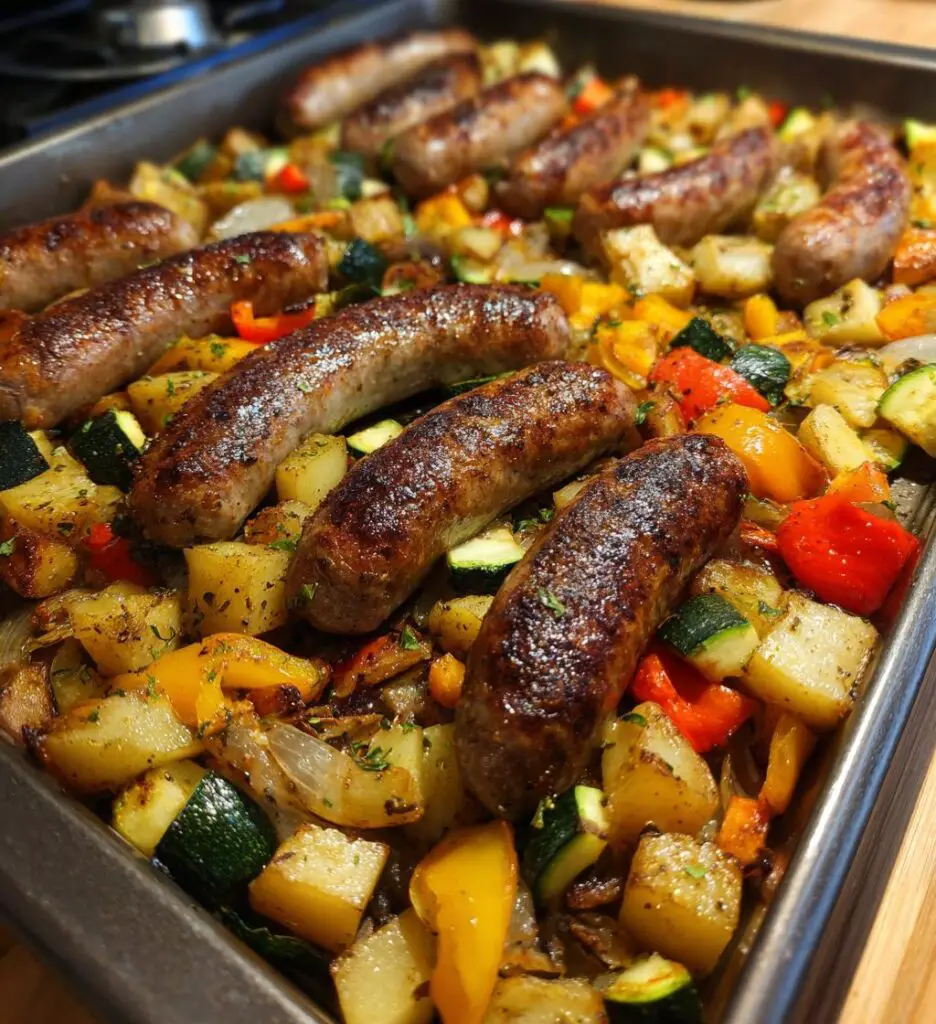 sheet pan bratwurst potatoes and veggies