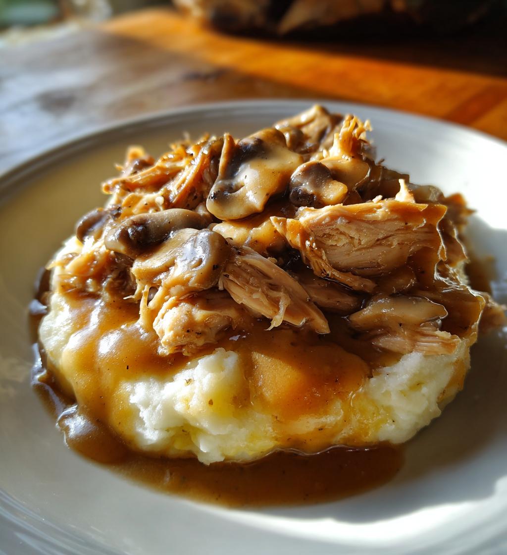 shredded chicken gravy on mashed potatoes - detail 1