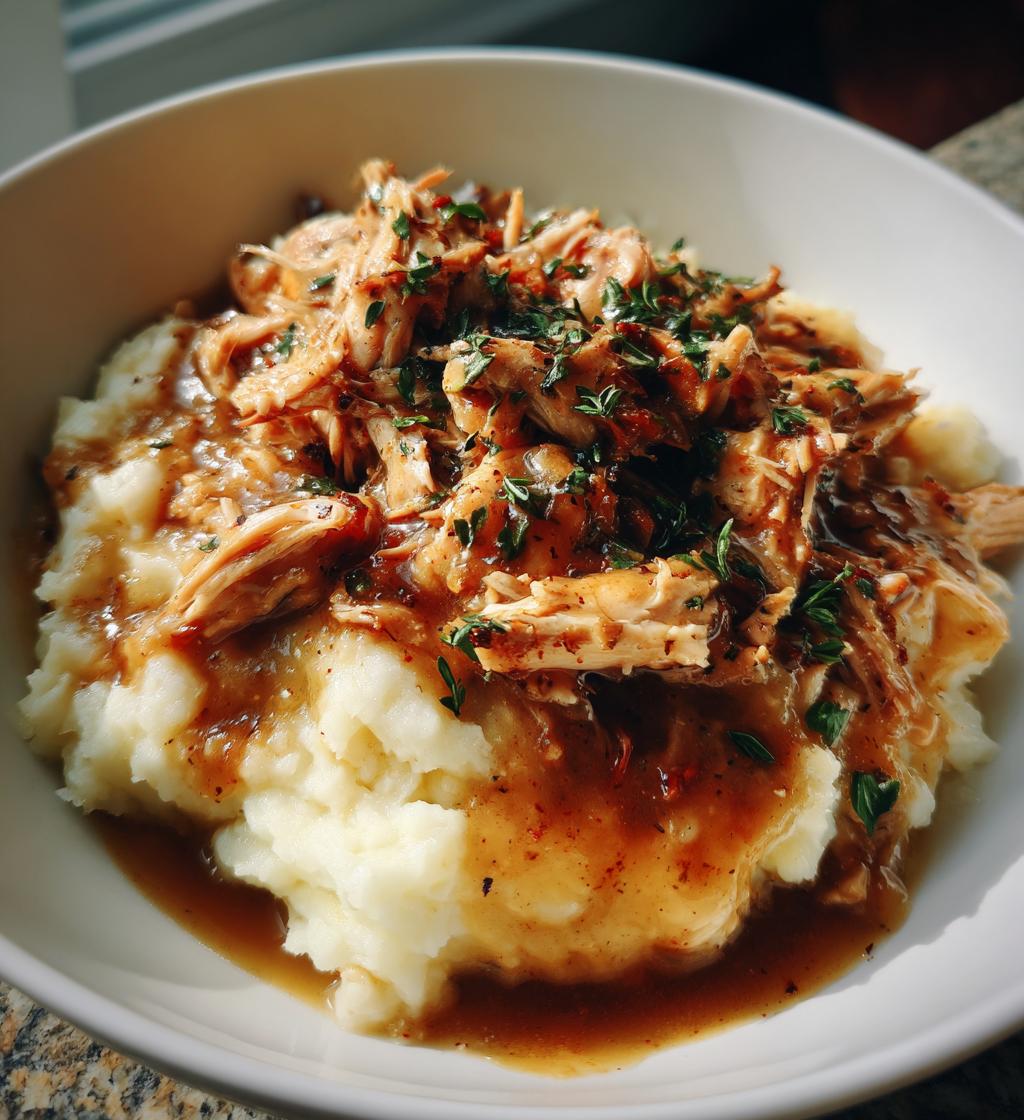 shredded chicken gravy on mashed potatoes
