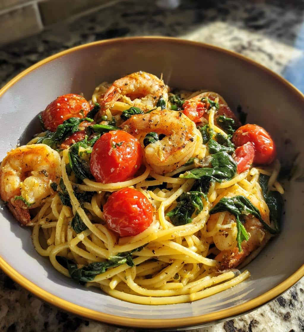 shrimp tomato spinach pasta in garlic butter sauce - detail 1